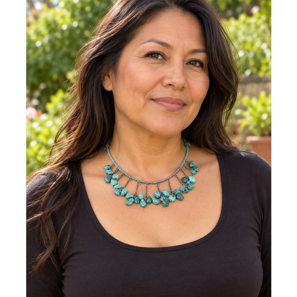 Blue-Green Beaded Fringe Necklace with Dangling Nugget-Style Accents